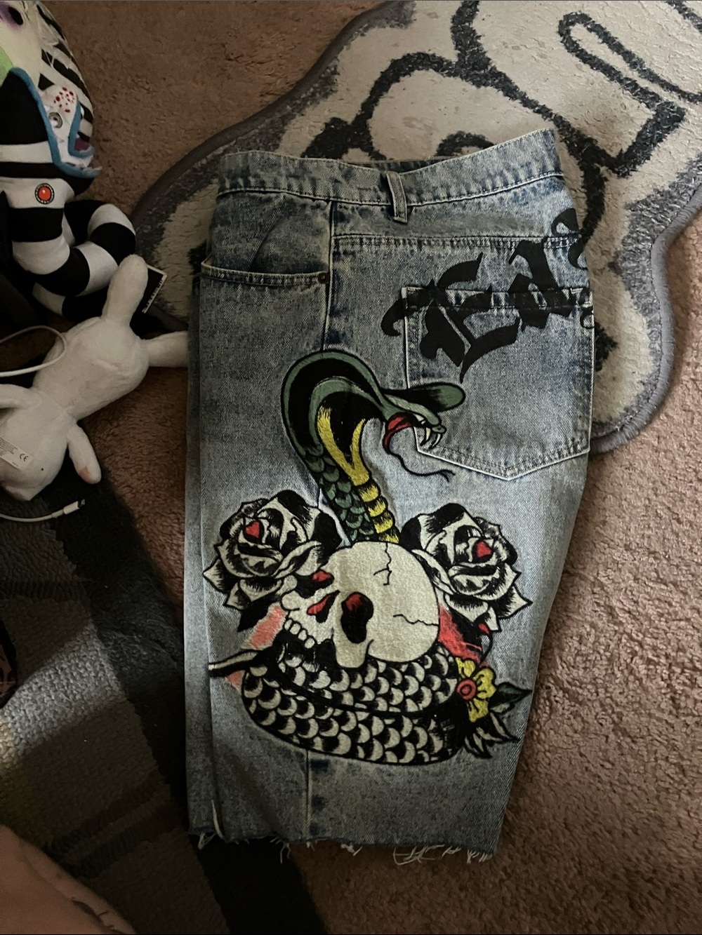 Ed Hardy Light Wash Jean Shorts with Snake, Skull & Rose Graphic